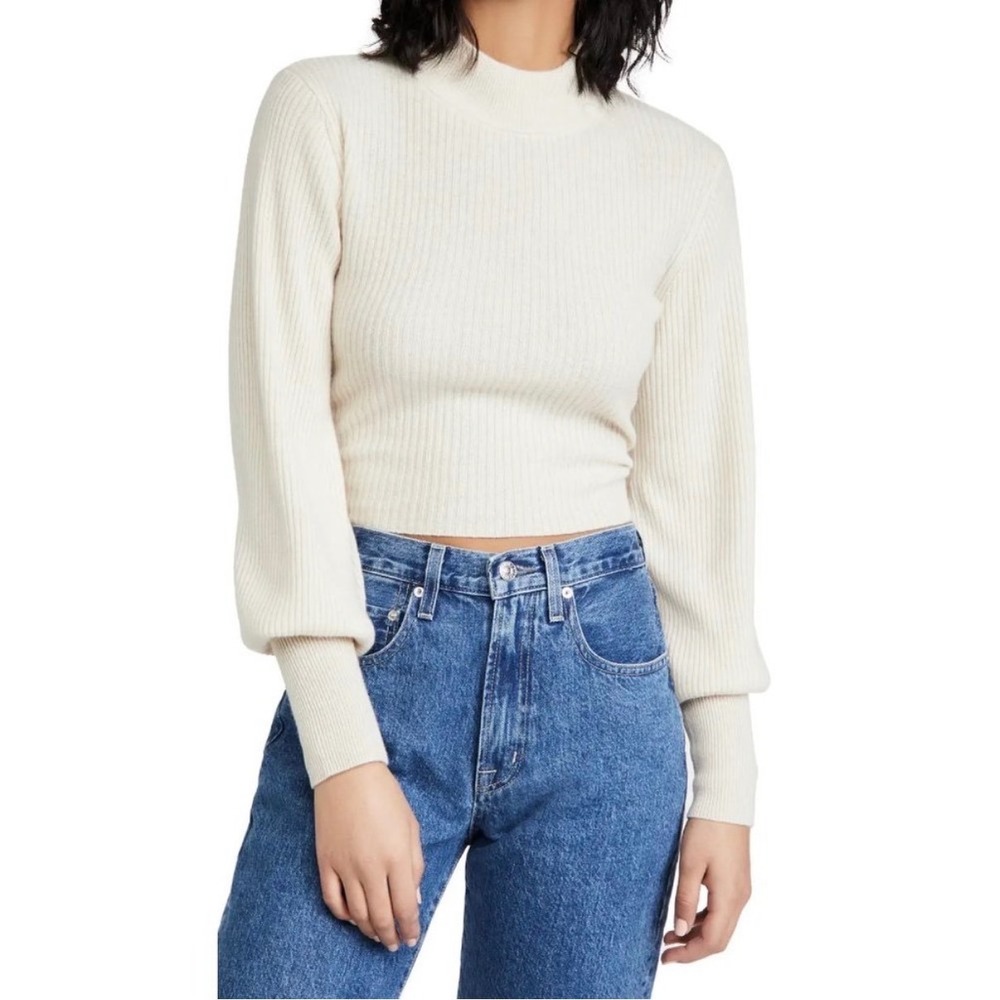 Reformation Osteria Cream Ribbed Mock Neck Open Back Tie Cashmere Sweater